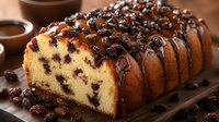 Homemade pound cake with chocolate drizzle and raisins, sliced to show moist texture and scattered dried fruit throughout, served on wooden board.