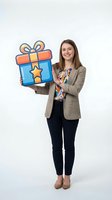 Young woman with brown hair, Caucasian ethnicity, wearing business casual attire holding oversized colorful gift box cutout with star icon. Suitable for promotions, loyalty programs, rewards, and festive marketing campaigns.