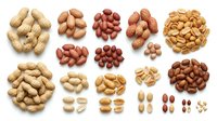 Assorted legumes and nuts including peanuts, cashews, and various beans arranged on white background, suitable for food, nutrition, health, and culinary design projects.