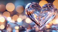 Crystal glass heart shape with romantic bokeh lights in soft pink and golden tones creating dreamy atmosphere for Valentine's day cards and romantic designs.