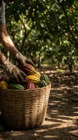 Farmer's weathered hands arranging colorful cacao pods in wicker basket under dappled sunlight on plantation ground for chocolate production and agriculture.