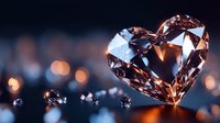 Heart-shaped diamond with brilliant facets reflecting warm light against dark background with bokeh lights creating romantic luxury jewelry concept.