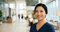Asian woman in professional navy blue top smiling at camera in modern office lobby with glass walls and blurred colleagues in background. Corporate workplace portrait.