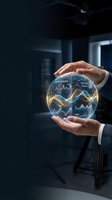 Businessman holding glowing crystal sphere with stock market charts and financial data visualization inside, representing investment analysis, market trends, and business forecasting.