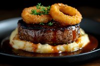 Grilled beef steak topped with crispy onion rings on creamy mashed potatoes with rich gravy sauce and fresh herbs garnish.