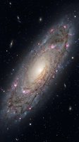 Spiral galaxy with glowing core, pink star-forming regions, and dust lanes against a deep black starfield in outer space.