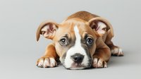 Adorable brown and white pit bull puppy lying down with head resting on floor against gray background, looking up with expressive blue eyes and floppy ears.