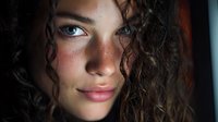 Young woman with curly hair and blue eyes in natural lighting portrait for beauty and lifestyle concepts.