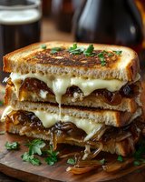 Grilled sandwich with melted cheese and caramelized onions stacked in layers, garnished with fresh parsley. Dripping cheese and golden-brown toasted bread on wooden board.