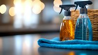 Cleaning spray bottles with orange and blue liquid on soft microfiber cloth against blurred bokeh background, representing eco-friendly household cleaning products.