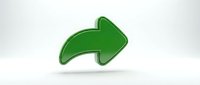 Green curved arrow pointing right with glossy finish and shadow effect on white background. Navigation symbol for web design and user interface elements.