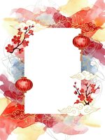 Watercolor Chinese New Year frame with red lanterns, cherry blossoms and traditional clouds on white background for festive greeting cards and decorations.