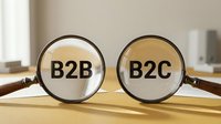 Magnifying glasses displaying B2B and B2C text on wooden desk, representing business models and market strategies for corporate communications and commerce concepts.