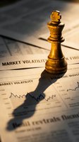 Golden chess king piece standing on financial newspaper with market volatility charts and graphs showing strategic business planning and investment decisions.