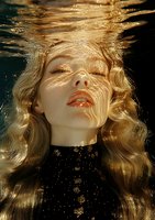 Young blonde woman in black sequin dress floating underwater, golden light streaming through waves, ethereal portrait with flowing hair and serene expression.