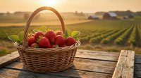 Fresh ripe strawberries in wicker basket on wooden table at sunset with farm field background for healthy eating and agriculture concepts.