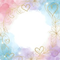 Watercolor frame with golden floral ornaments and hearts on pastel background for wedding invitations, greeting cards and romantic design projects.