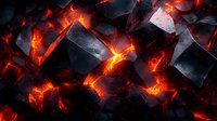 Glowing hot coals with intense orange and red flames burning between dark charcoal pieces create dramatic contrast and fiery abstract pattern background.