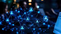 Glowing blue network of connected user icons forming digital social connections against dark background with bokeh lights. For technology and networking concepts.