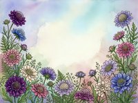 Watercolor floral border with purple, pink, and blue wildflowers framing a soft pastel sky background, perfect for cards and invitations.