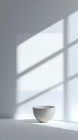Minimalist white ceramic bowl on ledge with window shadow pattern creating geometric light play on neutral wall background.