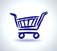 Sketched shopping cart icon in deep blue brush strokes on white background, minimalist style for e-commerce and retail design projects.