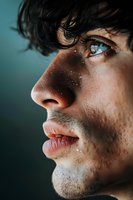 Close-up profile portrait with freckles and bright blue eyes against dark teal background, dramatic lighting highlights facial features and skin texture.