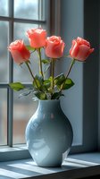 Coral pink roses in elegant gray ceramic vase on windowsill with soft natural lighting creating peaceful atmosphere for home decor and romantic settings.