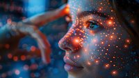 Young woman profile with glowing orange light particles on face against blue background, dreamy artistic portrait with bokeh effects and magical atmosphere.