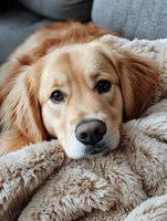 Golden retriever resting on cozy blankets and cushions, displaying calm expression and relaxed posture for pet care, comfort and lifestyle content.