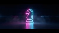 Neon chess knight piece glowing in pink and blue light on dark reflective surface creating futuristic gaming atmosphere for strategic business concepts.