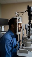 African American man having comprehensive eye examination with modern ophthalmology equipment in medical clinic for vision health checkup.