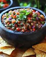 Fresh pico de gallo salsa with diced tomatoes, onions, cilantro and jalapenos served in traditional black stone molcajete bowl with tortilla chips on wooden board.