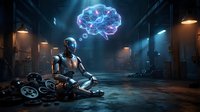 Futuristic humanoid robot with glowing brain hologram in dark industrial warehouse setting with dramatic lighting and technological atmosphere.