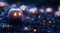 Carved pumpkin with glowing eyes on dark ground surrounded by bokeh lights, suitable for Halloween designs, seasonal marketing, and festive digital projects.