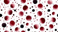 Scattered red and black cherries pattern on white background creates dynamic composition with dots and splashes for fabric, wallpaper, and packaging design.