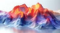 Abstract digital mountain landscape with vibrant gradient colors from fiery orange peaks to cool blue valleys, perfect for modern interior design, website headers, and creative backgrounds.