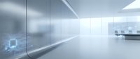 Modern office corridor with glass walls and digital technology interface on left panel, bright natural light from windows, minimalist workspace design for corporate business environments.