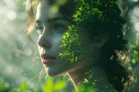 Young woman profile portrait with green leaves overlay and sunlight bokeh effect creating dreamy natural double exposure. Artistic photography for wellness and beauty.