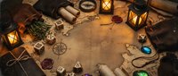 Overhead flat lay arrangement of vintage exploration and navigation tools including compass, maps, lanterns, rope, and adventure gear on aged parchment background for travel and adventure themes.