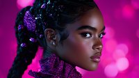 Young African American woman with braided hairstyle and glitter makeup in profile against vibrant pink background with bokeh lights, expressing confidence and glamour.