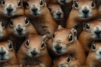 Curious ground squirrels looking directly at camera with adorable expressions, close-up view showing multiple faces, noses and eyes in repeating pattern.