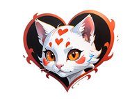 Adorable white cat with heart patterns and orange eyes framed in decorative red heart shape, perfect for Valentine's cards, romantic designs and love-themed merchandise.