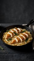 Sliced grilled chicken breast with creamy pasta and sage in cast iron skillet on dark wooden table for restaurant menu and cooking content.