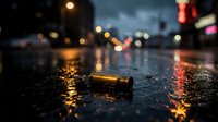 Abandoned smartphone lies on wet asphalt during rainy evening with blurred city lights and traffic creating atmospheric urban scene with water reflections.