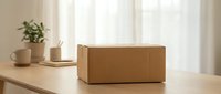 Cardboard shipping box on wooden table in bright home interior with plant and coffee cup, ready for delivery or moving storage.
