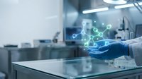 Scientist in laboratory holding glowing molecular structure and network connections, representing biotechnology research, innovation, and scientific discovery for healthcare and pharmaceutical development.