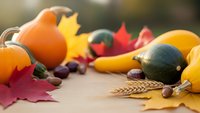 Autumn harvest display with pumpkins, gourds, colorful maple leaves, wheat stalks and acorns arranged on wooden surface for seasonal decoration and thanksgiving.