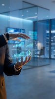 Businessman analyzing holographic financial data dashboard with charts and graphs in modern office environment for business intelligence and analytics.