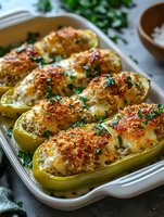 Stuffed bell peppers with meat and cheese filling baked in casserole dish, garnished with fresh herbs for homemade dinner meal preparation and cooking.